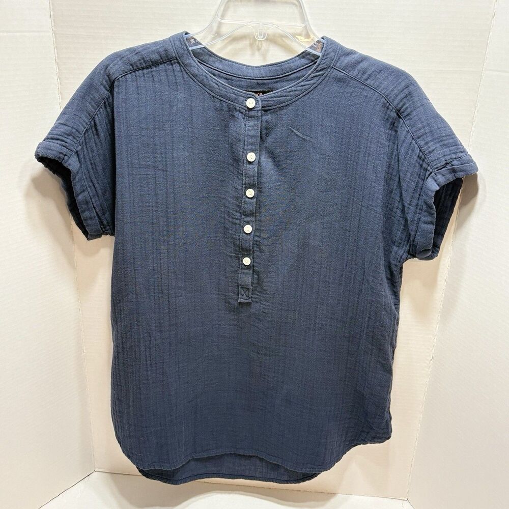 Quince Organic Cotton Gauze Roll Sleeve Shirt Indigo Blue Small Peasant